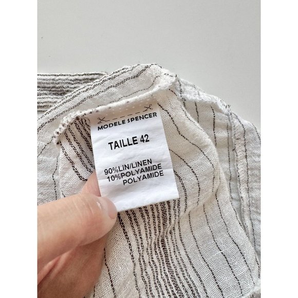 POLDER Spencer White Black Striped Linen Gauze Mandarin Collar Blouse, Size 42 - Picture 12 of 13